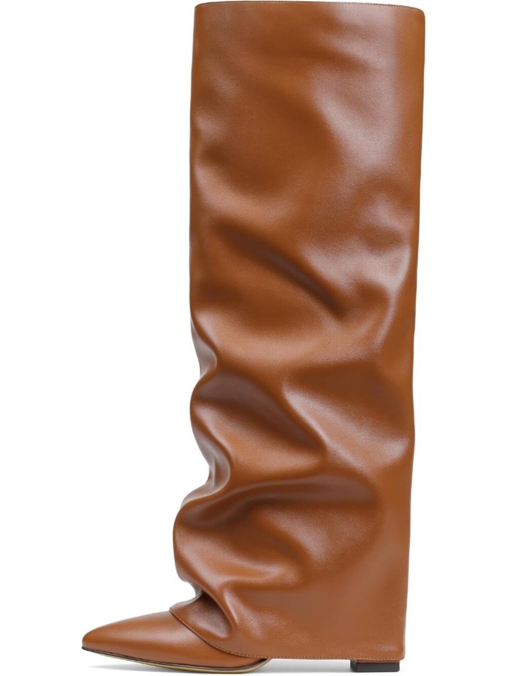 👢Women's Brown Pu Slouchy Knee High Boots Pointed Toe Fold Over Shark Boots